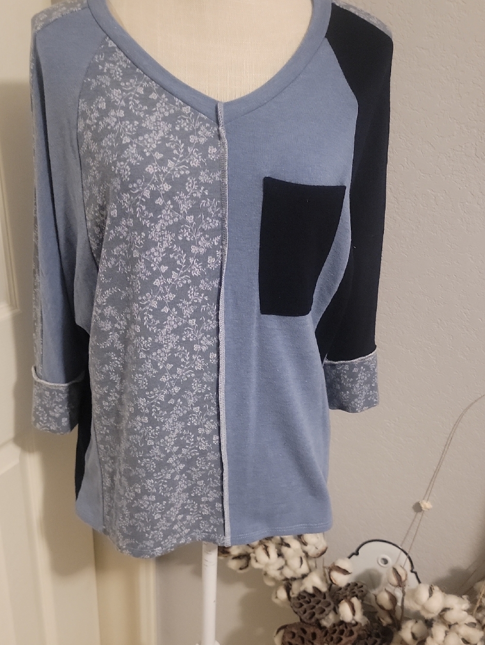 Sugarfox Light Blue and Navy Patchwork Colorbloc Pullover